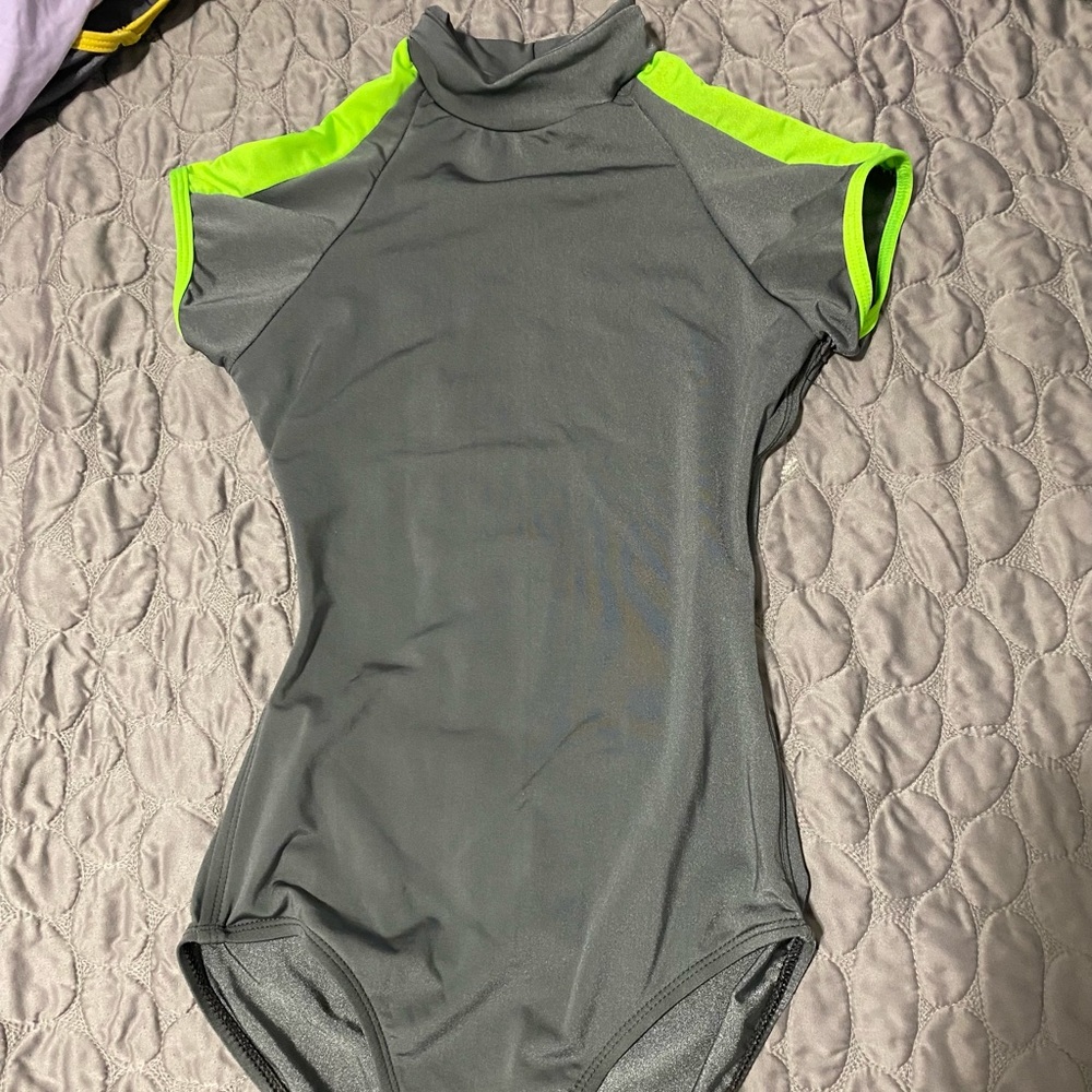 Ultra sporty silver and lime green leotard, size small